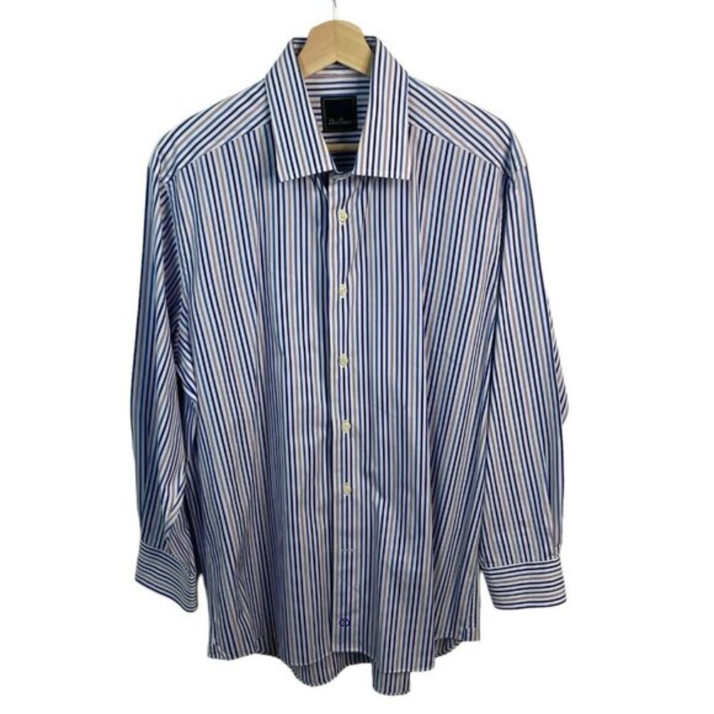 David Donahue Dress‎ Shirt mens sz 16 1/2 classic blue stripe 100% cotton casual